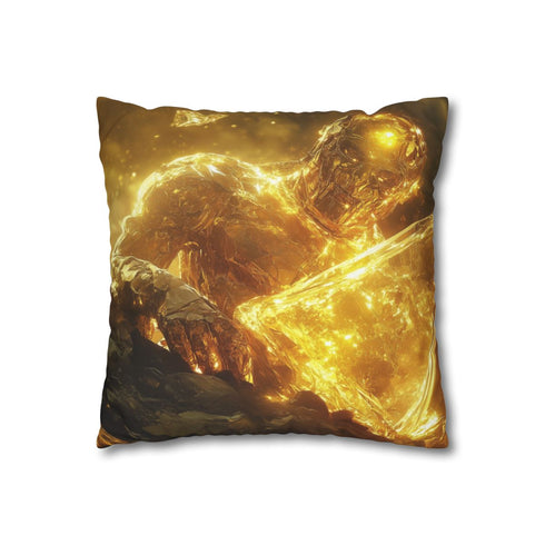 Golem of Glass & Gold Rising from Earth — 40×40 Cushion Cover — Sofa & Living Room Lifestyle View