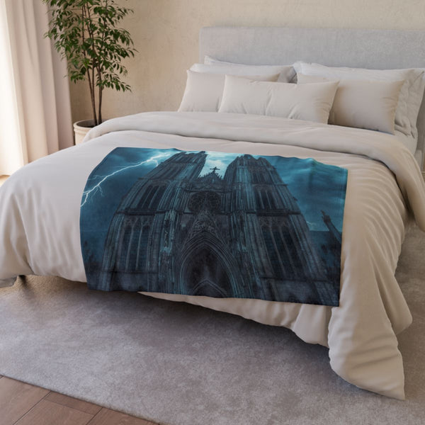 Gothic Cathedral in a Thunderstorm (Edition II) — Plush Fleece Throw Blanket — Drape over Sofa & Bed Lifestyle View