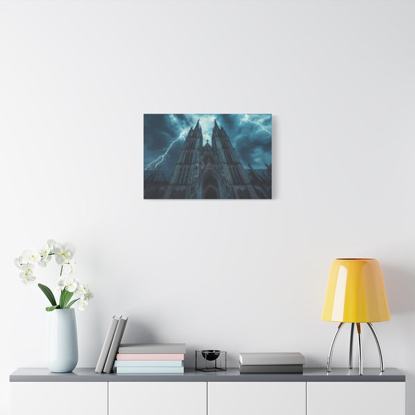 Gothic Cathedral in a Thunderstorm (Edition II) — Stretched Canvas Wall Art — Living Room Wall Lifestyle View