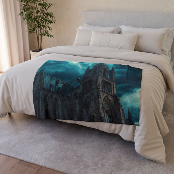 Gothic Cathedral in a Thunderstorm — Plush Fleece Throw Blanket — Drape over Sofa & Bed Lifestyle View