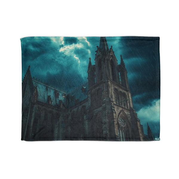 Gothic Cathedral in a Thunderstorm — Plush Fleece Throw Blanket — Full Spread Plush Fleece Artwork View