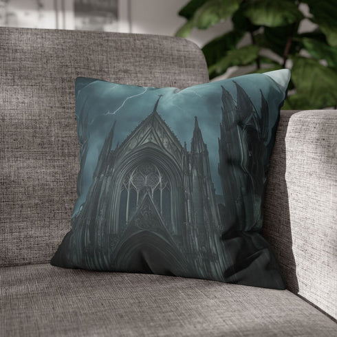 Gothic Cathedral in Thunderstorm — 40×40 Cushion Cover — Sofa & Living Room Lifestyle View