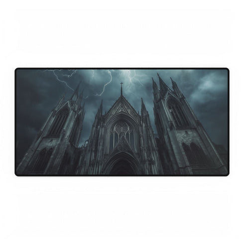 Gothic Cathedral in Thunderstorm — XXL Gaming Desk Mat — Full Top-Down Artwork View