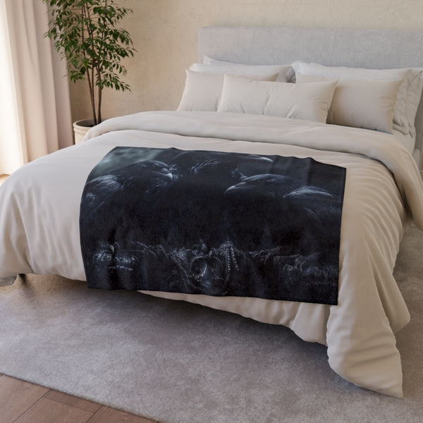 Gothic Throne with Ravens — 50×60 Plush Throw Blanket — Draped Over Sofa & Bed Lifestyle View