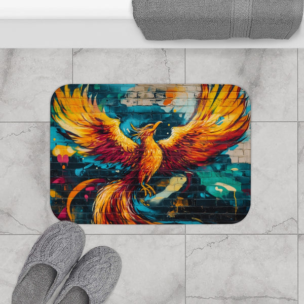 Graffiti Art of a Phoenix on a Brick Wall (Edition II) — 61×43 Memory Foam Bath Mat — Modern Bathroom Floor Lifestyle View