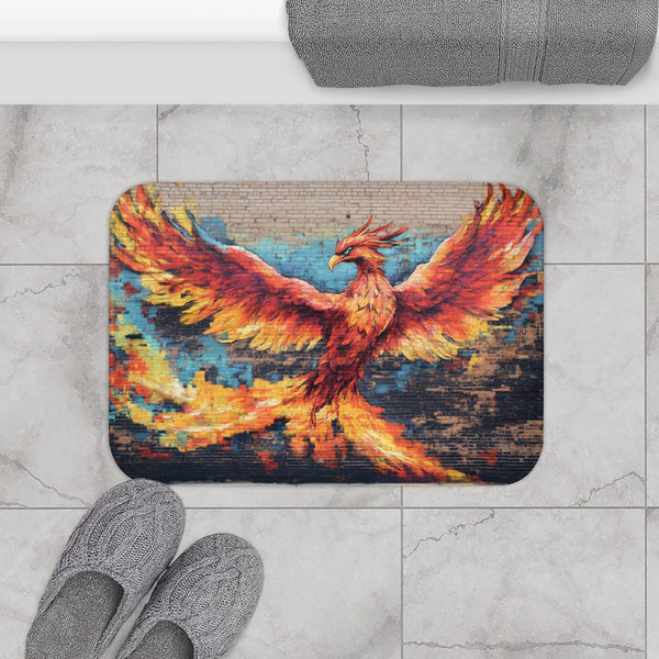 Graffiti Art of a Phoenix on a Brick Wall (Edition III) — 61×43 Memory Foam Bath Mat — Modern Bathroom Floor Lifestyle View
