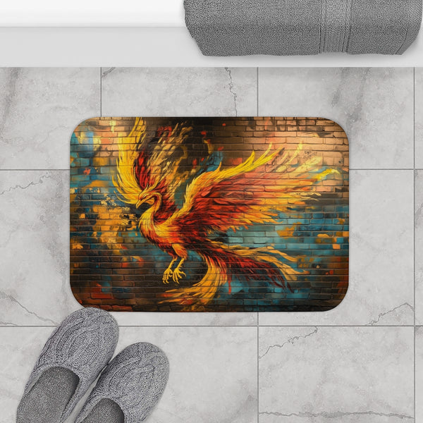 Graffiti Art of a Phoenix on a Brick Wall (Edition IV) — 61×43 Memory Foam Bath Mat — Modern Bathroom Floor Lifestyle View