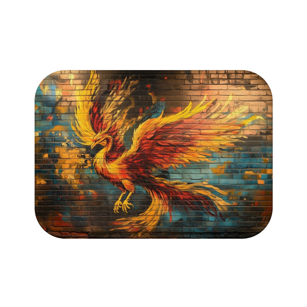 Graffiti Art of a Phoenix on a Brick Wall (Edition IV) — 61×43 Memory Foam Bath Mat — Top-Down Velvet Microfibre Artwork View