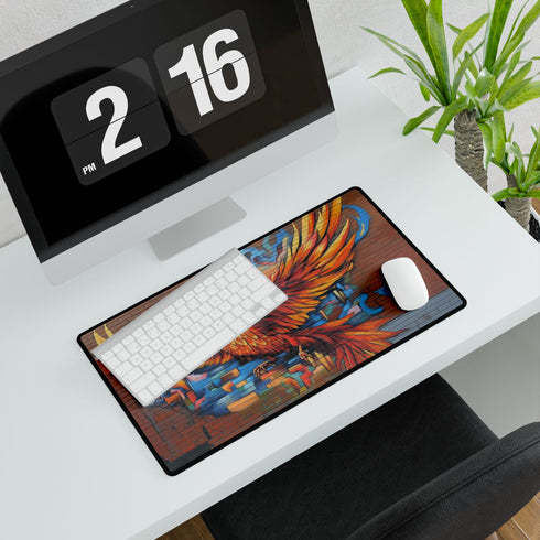 Graffiti Art of a Phoenix on a Brick Wall — XL Gaming Desk Mat — Gaming & Workspace Desk Setup View