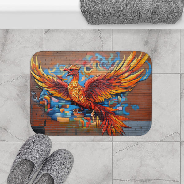 Graffiti Art of a Phoenix on a Brick Wall — 61×43 Memory Foam Bath Mat — Modern Bathroom Floor Lifestyle View