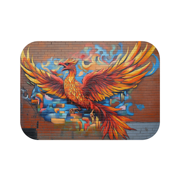 Graffiti Art of a Phoenix on a Brick Wall — 61×43 Memory Foam Bath Mat — Top-Down Velvet Microfibre Artwork View