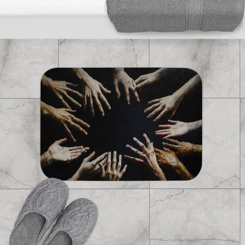 Hands Reaching Out from a Dark Void Representing Th — 61×43 Memory Foam Bath Mat — Modern Bathroom Floor Lifestyle View