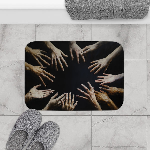 Hands Reaching Out from a Dark Void Representing Th — 61×43 Memory Foam Bath Mat — Modern Bathroom Floor Lifestyle View