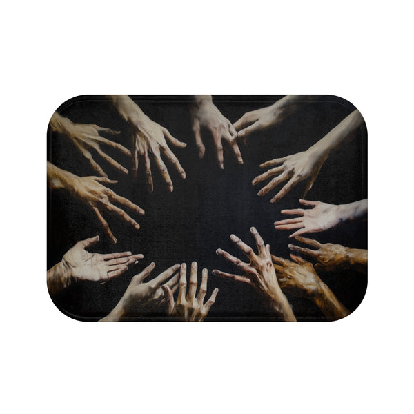 Hands Reaching Out from a Dark Void Representing Th — 61×43 Memory Foam Bath Mat — Top-Down Velvet Microfibre Artwork View