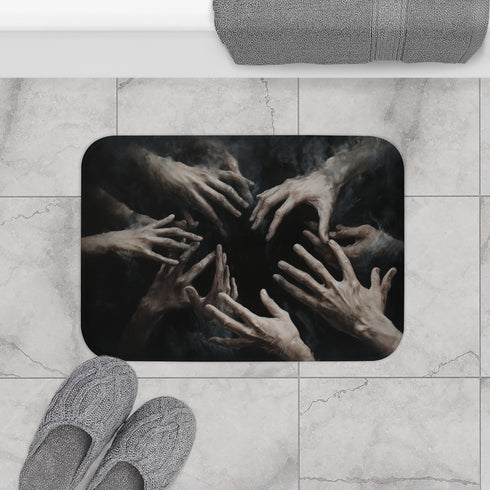 Hands Reaching Out from a Dark Void Representing Th — 61×43 Memory Foam Bath Mat — Modern Bathroom Floor Lifestyle View