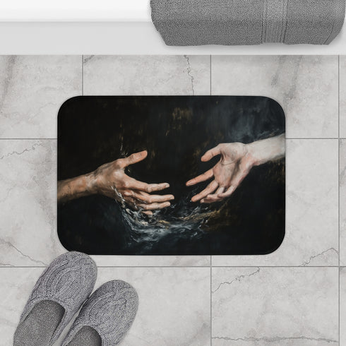 Hands Reaching Out from a Dark Void Representing Th — 61×43 Memory Foam Bath Mat — Modern Bathroom Floor Lifestyle View
