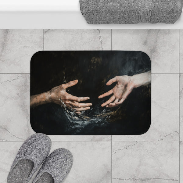Hands Reaching Out from a Dark Void Representing Th — 61×43 Memory Foam Bath Mat — Modern Bathroom Floor Lifestyle View