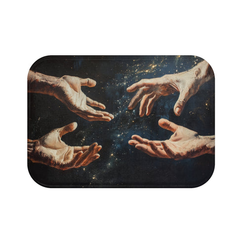 Surreal Hands Reaching Toward Light — Non-Slip Bath Mat — Top-Down Velvet Microfibre Artwork View
