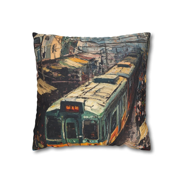 Hanoi Train Street Busy Vietnam Painting — 40×40 Cushion Cover — Front 40×40 cm Square Cushion View