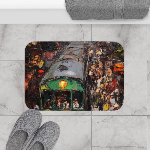 Hanoi Train Street Busy Vietnam Painting (Edition II) — 61×43 Memory Foam Bath Mat — Modern Bathroom Floor Lifestyle View
