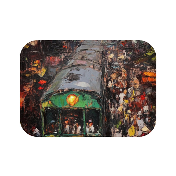 Hanoi Train Street Busy Vietnam Painting (Edition II) — 61×43 Memory Foam Bath Mat — Top-Down Velvet Microfibre Artwork View