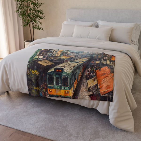 Hanoi Train Street Busy Vietnam Painting — 50×60 Plush Throw Blanket — Draped Over Sofa & Bed Lifestyle View