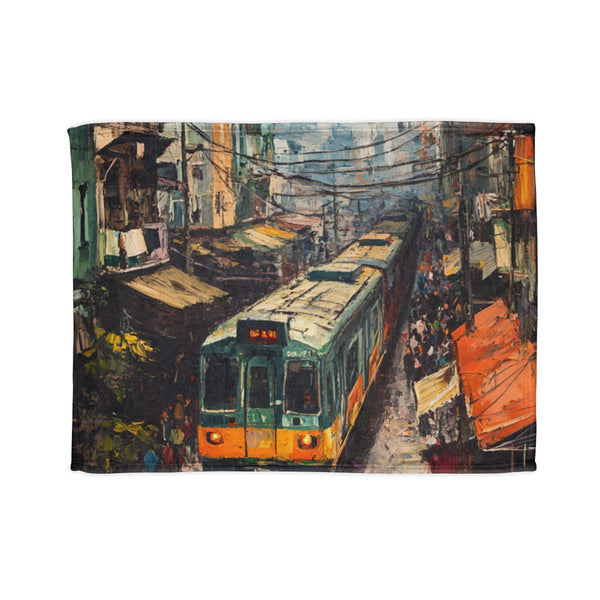 Hanoi Train Street Busy Vietnam Painting — 50×60 Plush Throw Blanket — Full Spread Plush Fleece Artwork View