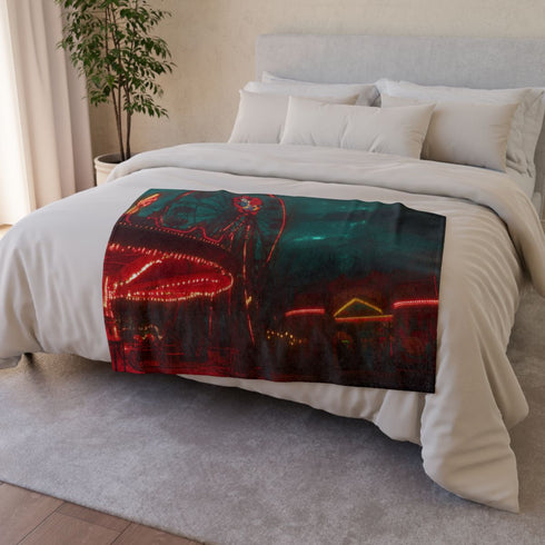 Haunted Carnival on Another Planet — 50×60 Plush Throw Blanket — 300 GSM Plush Coral Fleece Texture Close-Up