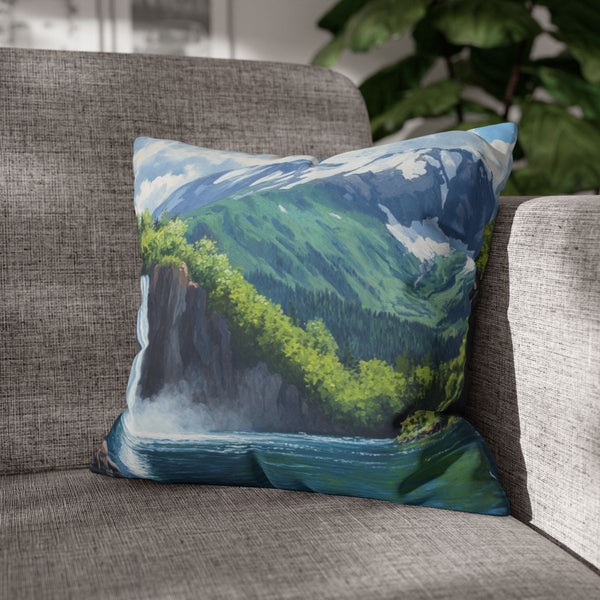 Hokkaido Japan Painting Waterfalls Big Mountains An — 40×40 Cushion Cover — Sofa & Armchair Living Room Lifestyle View
