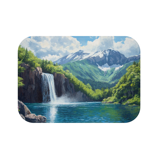 Hokkaido Japan Painting Waterfalls Big Mountains An — 61×43 Memory Foam Bath Mat — Top-Down Velvet Microfibre Artwork View