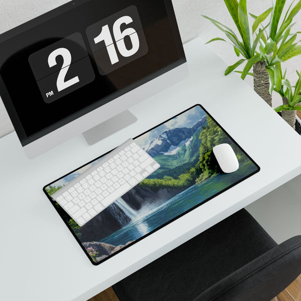 Hokkaido Japan Painting Waterfalls Big Mountains An (Edition II) — XXL Gaming Desk Mat — Gaming & Workspace Desk Setup View