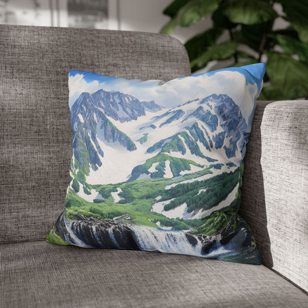 Hokkaido Japan Painting Waterfalls Big Mountains An — 40×40 Cushion Cover — Sofa & Armchair Living Room Lifestyle View