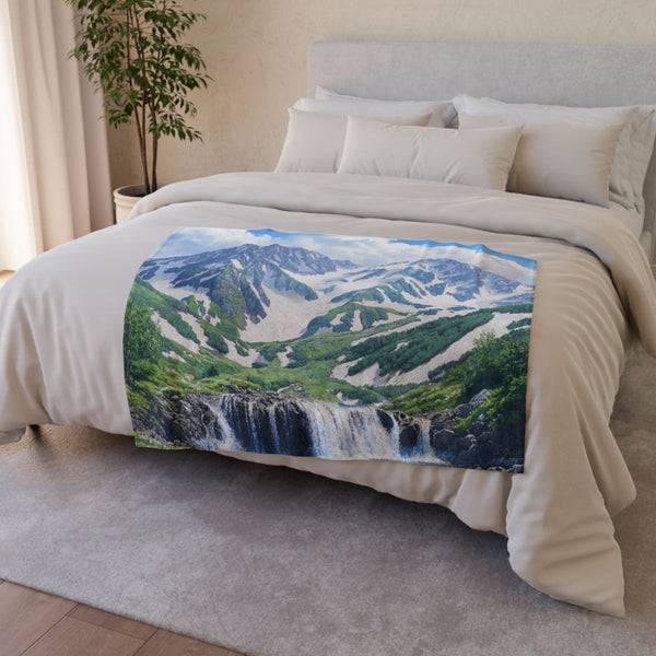 Hokkaido Japan Painting Waterfalls Big Mountains an (Edition III) — Plush Fleece Throw Blanket — Drape over Sofa & Bed Lifestyle View