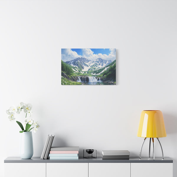 Hokkaido Japan Painting Waterfalls Big Mountains An (Edition III) — 24×16 Canvas Wall Art — Living Room Wall Lifestyle View
