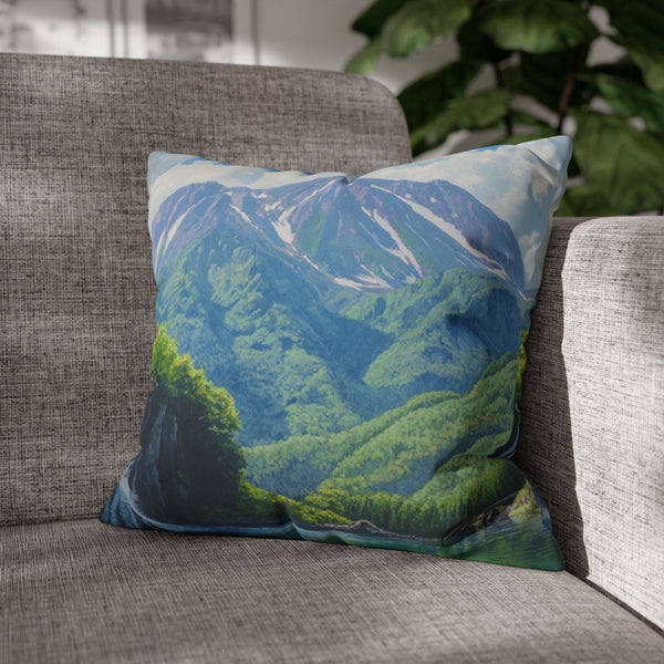 Hokkaido Japan Painting Waterfalls Big Mountains An — 40×40 Cushion Cover — Sofa & Armchair Living Room Lifestyle View
