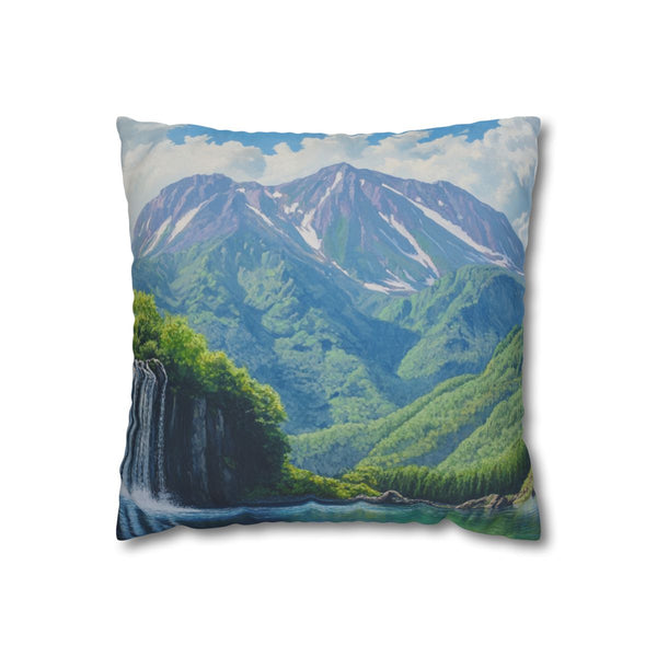 Hokkaido Japan Painting Waterfalls Big Mountains An (Edition IV) — 40×40 Cushion Cover — Front 40×40 cm Square Cushion View