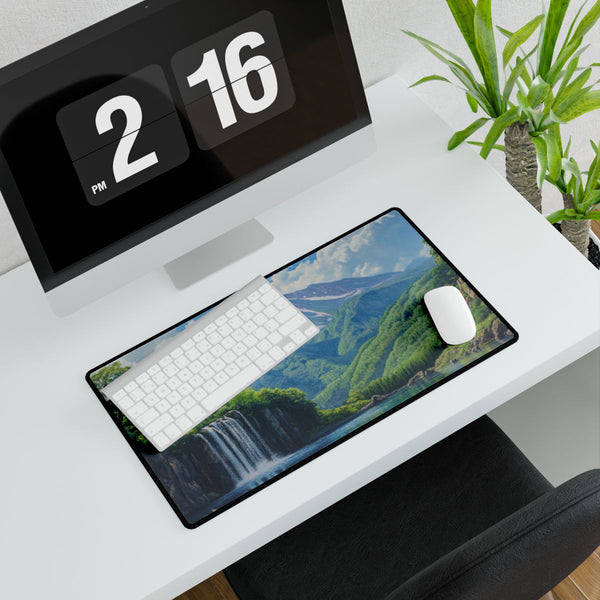 Hokkaido Japan Painting Waterfalls Big Mountains An (Edition IV) — XXL Gaming Desk Mat — Gaming & Workspace Desk Setup View