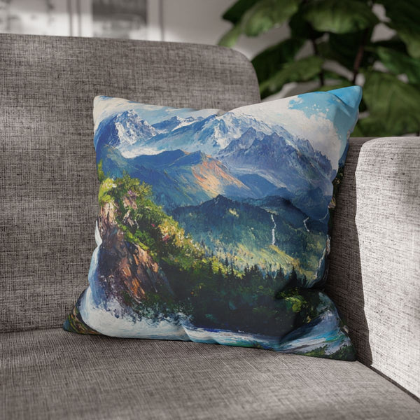 Hokkaido Japan Painting Waterfalls Big Mountains An — 40×40 Cushion Cover — Sofa & Armchair Living Room Lifestyle View