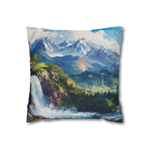Hokkaido Japan Painting Waterfalls Big Mountains An (Edition IX) — 40×40 Cushion Cover — Front 40×40 cm Square Cushion View