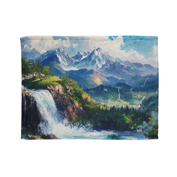 Hokkaido Japan Painting Waterfalls Big Mountains an (Edition IX) — Plush Fleece Throw Blanket — Full Spread Plush Fleece Artwork View