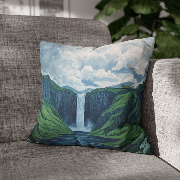 Hokkaido Japan Painting Waterfalls Big Mountains An — 40×40 Cushion Cover — Sofa & Armchair Living Room Lifestyle View
