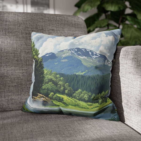 Hokkaido Japan Painting Waterfalls Big Mountains An — 40×40 Cushion Cover — Sofa & Armchair Living Room Lifestyle View