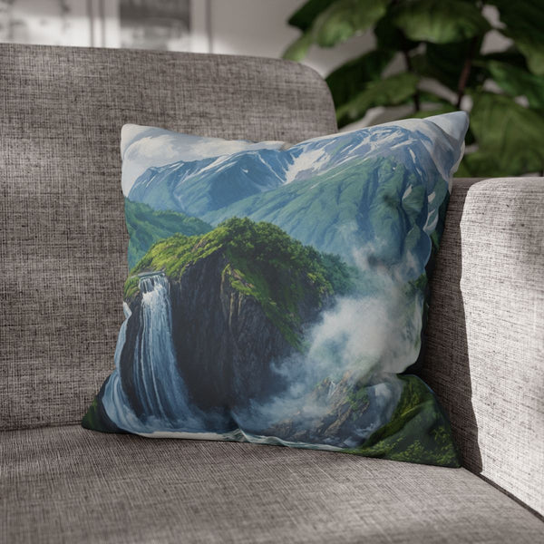 Hokkaido Japan Painting Waterfalls Big Mountains An — 40×40 Cushion Cover — Sofa & Armchair Living Room Lifestyle View