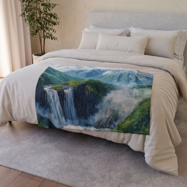 Hokkaido Japan Painting Waterfalls Big Mountains an (Edition VII) — Plush Fleece Throw Blanket — Drape over Sofa & Bed Lifestyle View