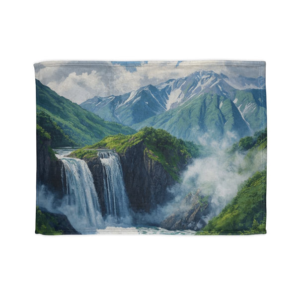 Hokkaido Japan Painting Waterfalls Big Mountains an (Edition VII) — Plush Fleece Throw Blanket — Full Spread Plush Fleece Artwork View
