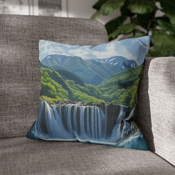 Hokkaido Japan Painting Waterfalls Big Mountains An — 40×40 Cushion Cover — Sofa & Armchair Living Room Lifestyle View