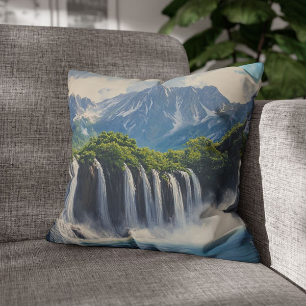 Hokkaido Japan Painting Waterfalls Big Mountains An — 40×40 Cushion Cover — Sofa & Armchair Living Room Lifestyle View