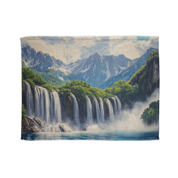 Hokkaido Japan Painting Waterfalls Big Mountains An — 50×60 Plush Throw Blanket — Full Spread Plush Fleece Artwork View