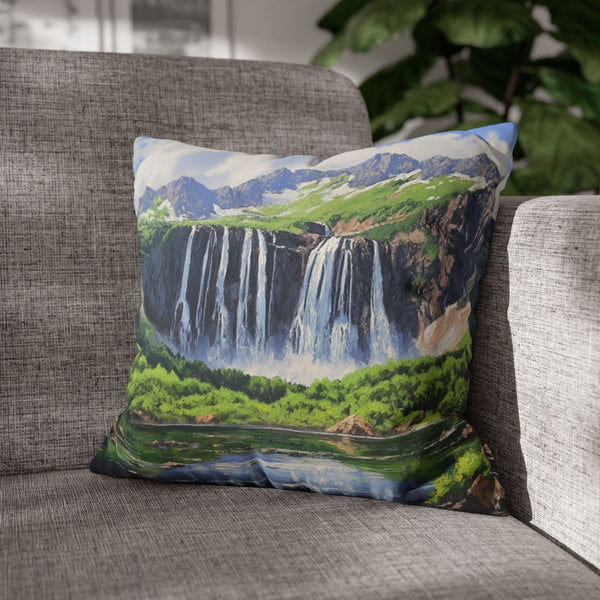 Hokkaido Japan Painting Waterfalls Big Mountains An — 40×40 Cushion Cover — Sofa & Armchair Living Room Lifestyle View
