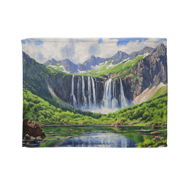 Hokkaido Japan Painting Waterfalls Big Mountains An — 50×60 Plush Throw Blanket — Full Spread Plush Fleece Artwork View